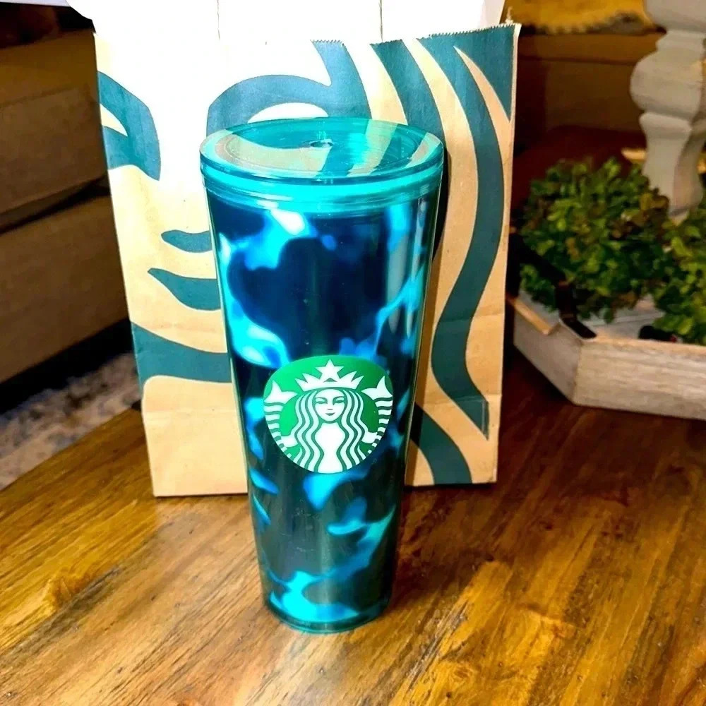 Starbucks Coffee Co. Teal Turquoise Wave Tumbler Cup / Lid 24oz Venti